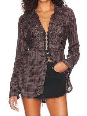 We The Free Brown Plaid Hook-and-Eye Button Down Shirt